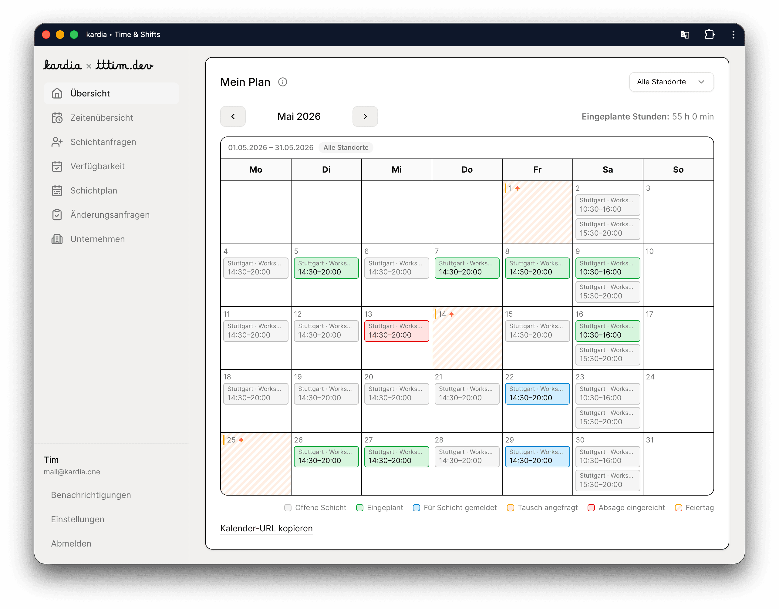 kardia Dashboard mit dem Schichtplanungskalender für Mai 2026