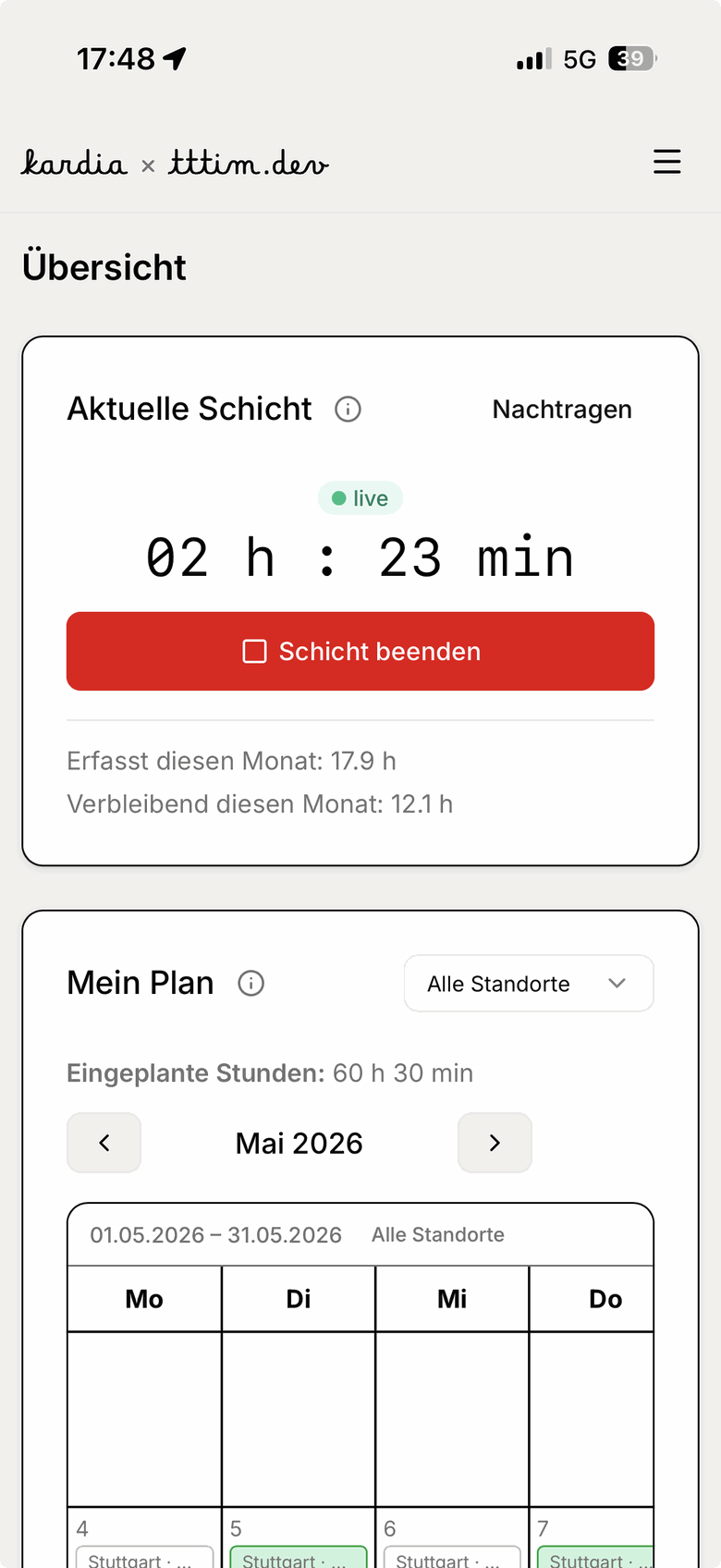 kardia auf dem Handy: laufende Schicht mit Timer und Monatsplan